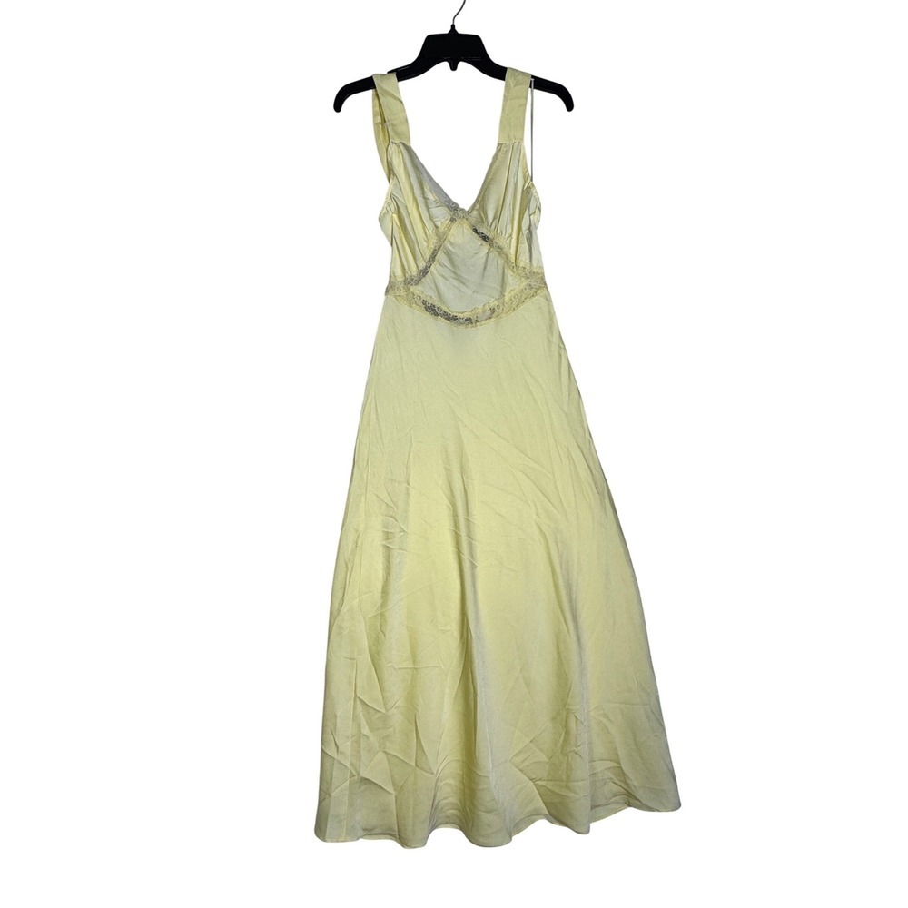 Bardot Lace Trim Midi Dress Lemon Yellow Satin Cutout Back size Large NWT - Picture 3 of 9